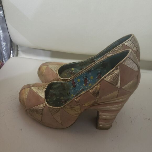 Irregular Choice Chunky Platform Heels beige suede and gold LaméSize 37Preown - Picture 4 of 4